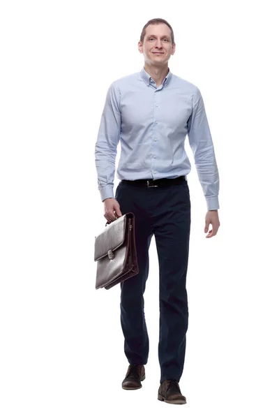 Young Man Leather Briefcase Striding Forward — 图库照片