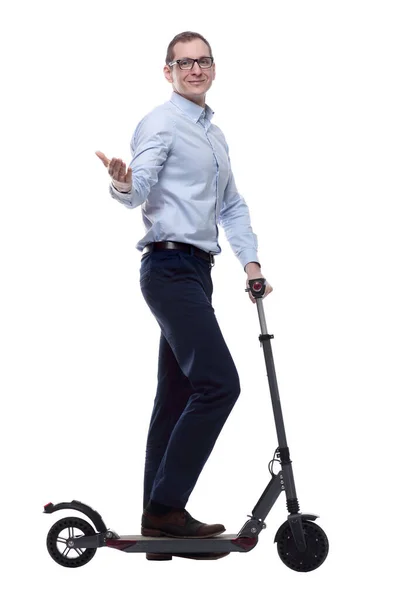 Side View Casual Man Electric Scooter Looking You — Stock Photo, Image