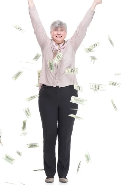 Very Happy Old Woman Standing Rain Dollar Bills — Stock Photo, Image