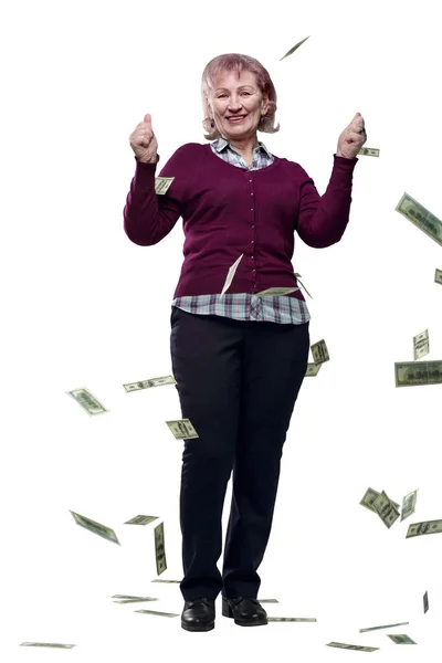 Adult Woman Looking Banknotes Her Hands Isolated Whi — ストック写真