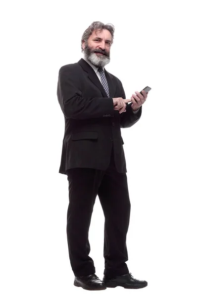 Homem Negócios Barbudo Feliz Com Smartphone Isolado Branco — Fotografia de Stock