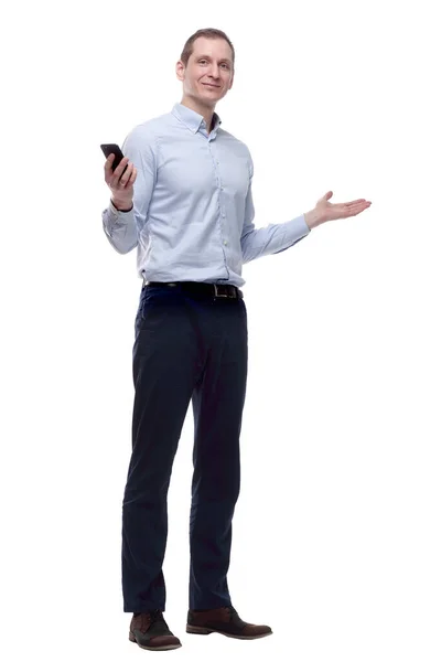 Vänlig Man Med Smartphone Tittar Dig Isolerad Vit — Stockfoto