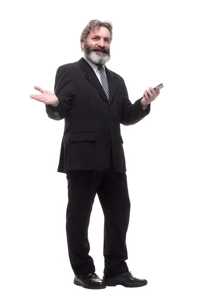 Happy Bearded Businessman Smartphone Isolated White — Stock Photo, Image