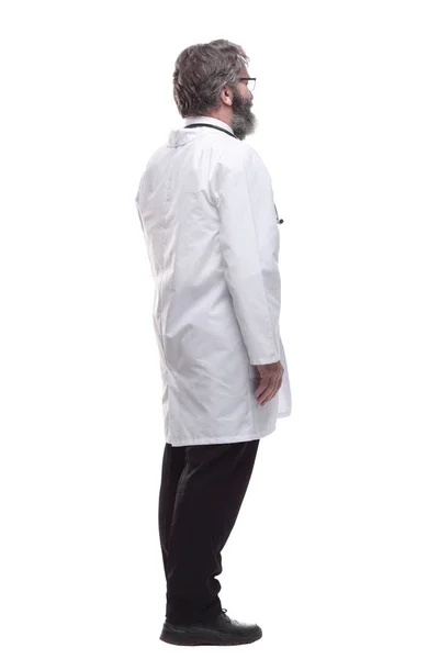 Doctor Está Apuntando Pantalla Blanca Aislado Blanco — Foto de Stock