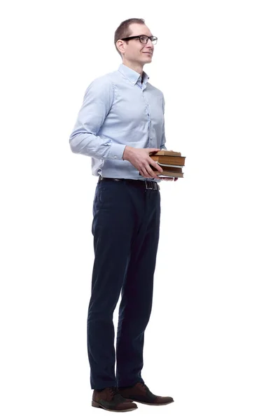 Freundlicher Junger Mann Mit Einem Stapel Bücher Isoliert Auf Einem — Stockfoto