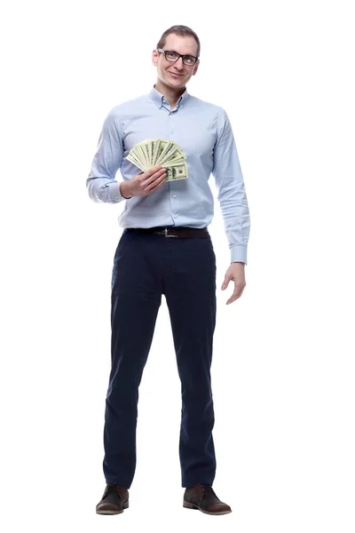 Hombre Feliz Con Billetes Dinero Aislado Blanco — Foto de Stock