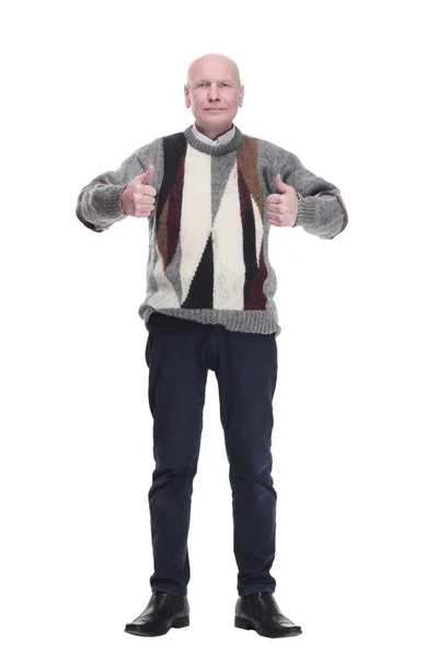 Homem Satisfeito Uma Camisola Quente Mostrando Polegares Para Cima Isolado — Fotografia de Stock