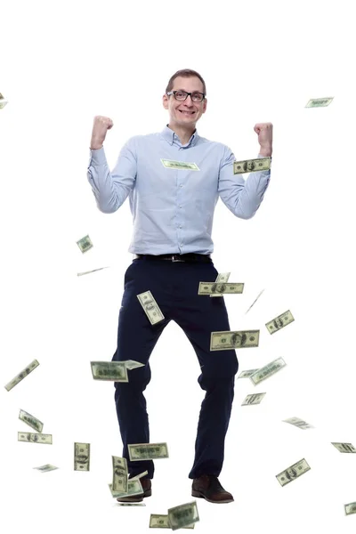 Gelukkige Man Die Regen Van Bankbiljetten Staat Geïsoleerd Een Wit — Stockfoto