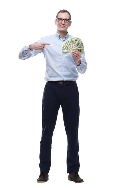 Plném Růstu Šťastný Muž Ukazuje Fanouška Bankovek — Stock fotografie