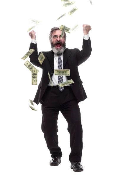 Счастливый Бизнесмен Дождём Банкнот Изолированный Белом — стоковое фото