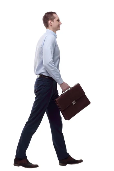 Young Man Leather Briefcase Striding Forward — Stock Photo, Image