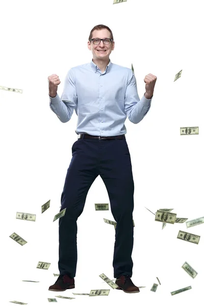 Šťastný Muž Stojící Dešti Bankovek Izolované Bílém — Stock fotografie