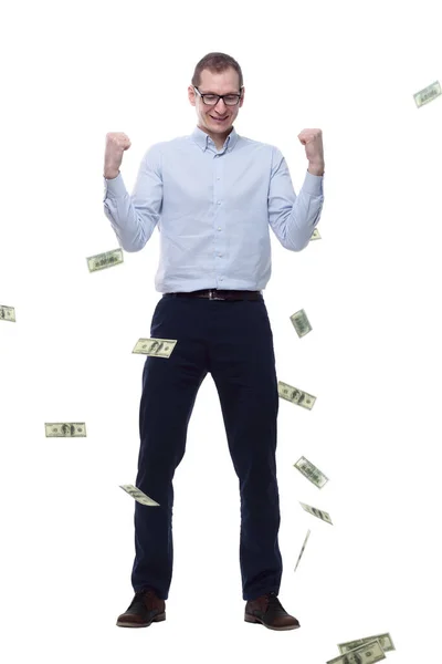 Hombre Feliz Pie Bajo Lluvia Billetes Aislado Blanco —  Fotos de Stock