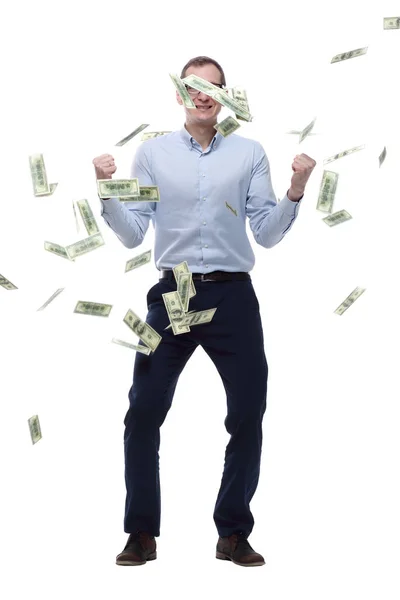 Happy Man Standing Rain Banknotes Isolated White — Stock Photo, Image