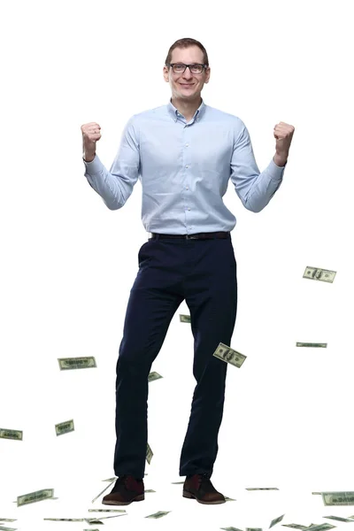 Hombre Feliz Pie Bajo Lluvia Billetes Aislado Blanco — Foto de Stock