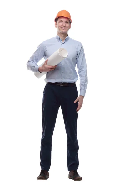 Mannelijke Architect Met Een Beschermende Helm Geïsoleerd Een Wit — Stockfoto