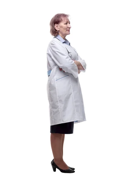 Πλαϊνή Άποψη Γυναίκα Γιατρός Κοιτάζοντας Μια Λευκή Οθόνη — Φωτογραφία Αρχείου