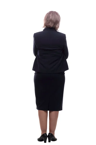 Senior Business Lady Czyta Ogłoszenie Białym Ekranie — Zdjęcie stockowe