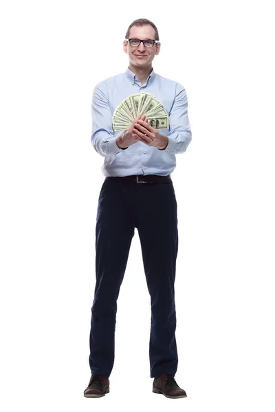 Šťastný Muž Bankovkami Izolované Bílém — Stock fotografie