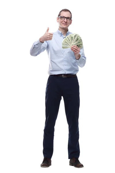Tam Gelişim Mutlu Adam Banknotların Hayranını Işaret Ediyor — Stok fotoğraf