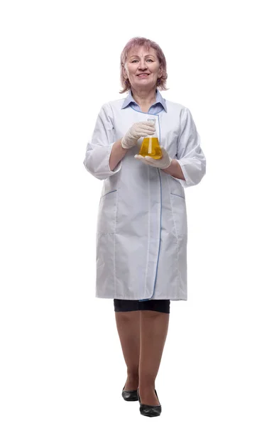 Cientista Fêmea Com Frasco Laboratório Avançar Para — Fotografia de Stock