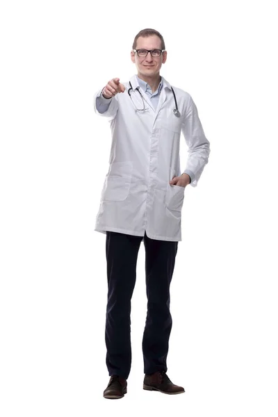 Confident Male Doctor Pointing You Isolated White — Stock Photo, Image