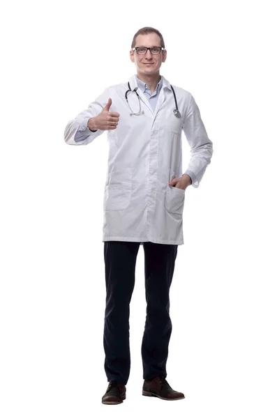 Ένας Άντρας Γιατρός Αυτοπεποίθηση Δείχνει Απομονωμένο Λευκό — Φωτογραφία Αρχείου