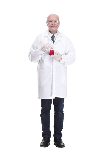Medisch Onderzoeker Met Een Laboratoriumkolf Geïsoleerd Een Wit — Stockfoto