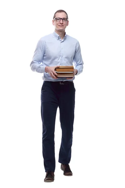 Lächelnder Mann Mit Einem Stapel Bücher Isoliert Auf Einem Weißen — Stockfoto