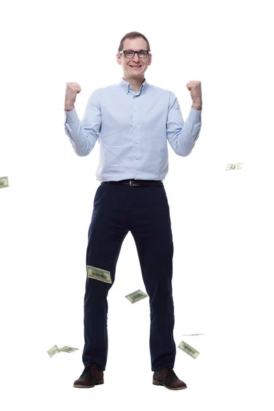 Glücklicher Mann Banknotenregen Isoliert Auf Einem Weißen — Stockfoto