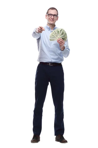 Full Growth Happy Man Pointing Fan Banknotes — Stock Photo, Image