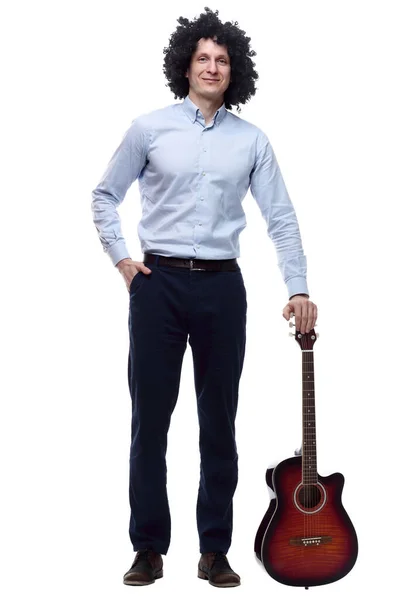 Cheerful Curly Haired Man Guitar Isolated White — Zdjęcie stockowe