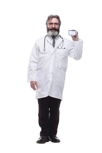 Friendly Doctor Therapist Showing His Visiting Card Isolated — Stock Photo, Image