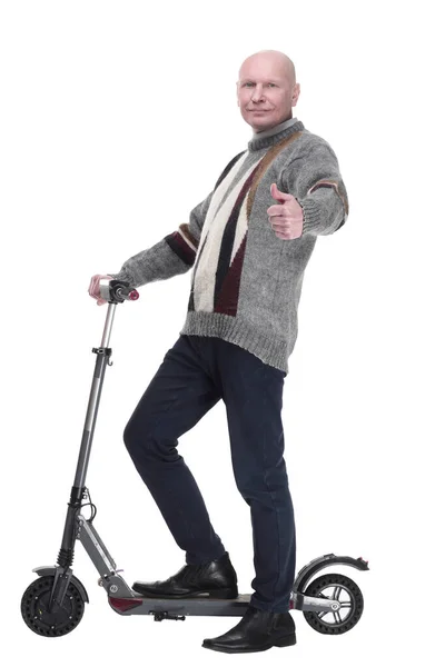 Side View Mature Man Electric Scooter Looking You — Stock Photo, Image