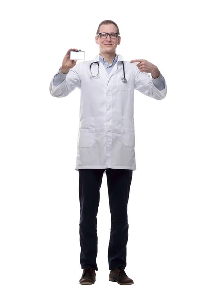 Квалифицированный Медик Показывает Визитную Карточку Изолированный Белом — стоковое фото