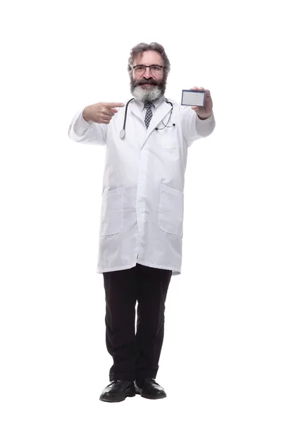 Friendly Doctor Therapist Showing His Visiting Card Isolated — Stock Photo, Image