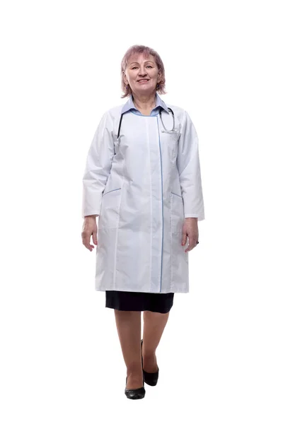 Smiling Woman Doctor Striding Forward Isolated White — Stock Photo, Image