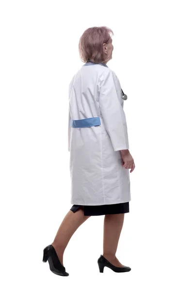 Serious Woman Doctor Hurries Patient Isolated White — Stock Photo, Image