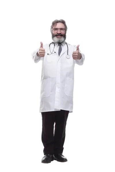 Доброзичливий Лікар Піднімає Великий Палець Ізольовані Білому — стокове фото