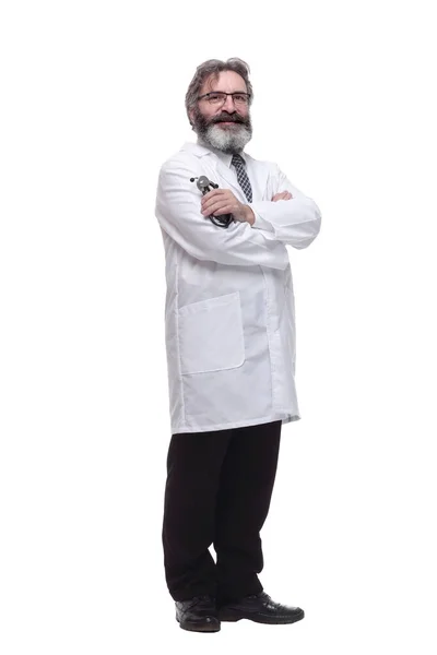 Steteskoplu Kendine Güvenen Bir Doktor Bir Beyaz Üzerinde Izole — Stok fotoğraf