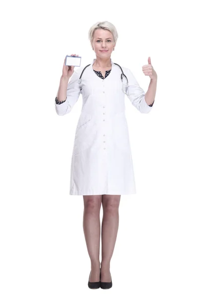 Medical Specialist Showing Her Visiting Card Isolated — Stock Photo, Image