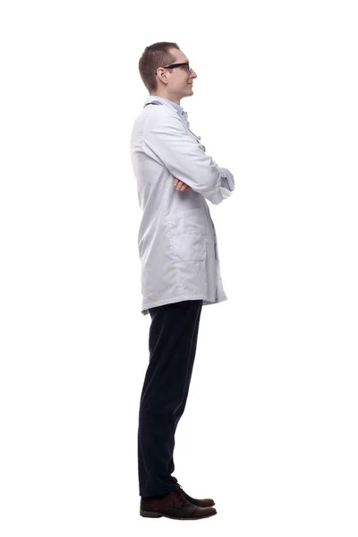 Kendine Güvenen Genç Doktor Dört Gözle Bekliyor Bir Beyaz Üzerinde — Stok fotoğraf