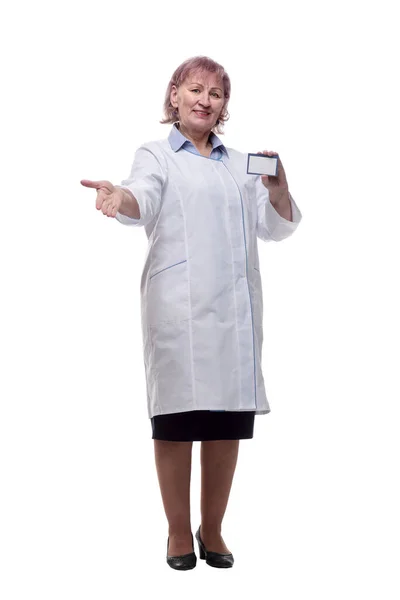 Médico Qualificado Com Cartão Visita Mostrando Polegar Para Cima — Fotografia de Stock