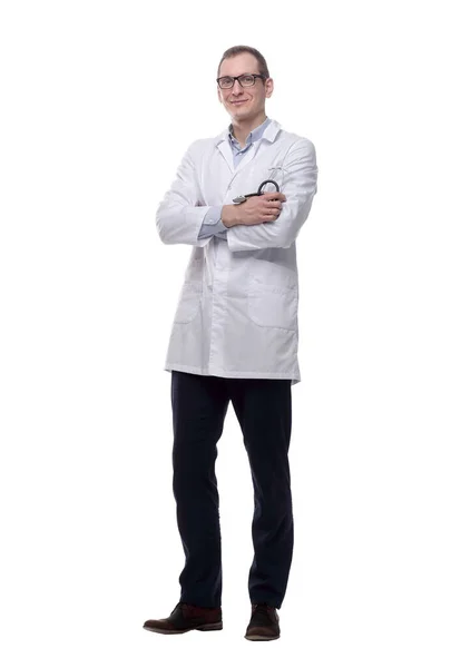 Säker Läkare Med Ett Stetoskop Blickar Framåt Isolerad — Stockfoto