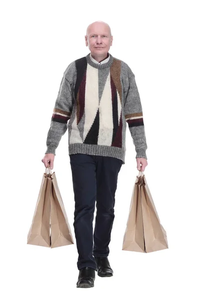 Homem Casual Com Sacos Compras Avançando — Fotografia de Stock