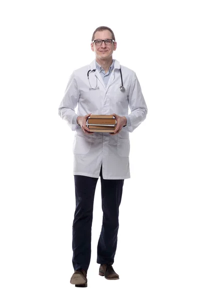 Médecin Avec Une Pile Livres Pointant Vers Écran Blanc — Photo