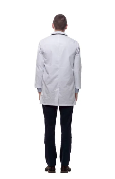 Doctor Buscando Leer Anuncio Una Pantalla Blanca Aislado — Foto de Stock