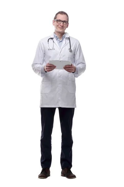 Médecin Réussi Avec Une Tablette Numérique Isolé Sur Blanc — Photo