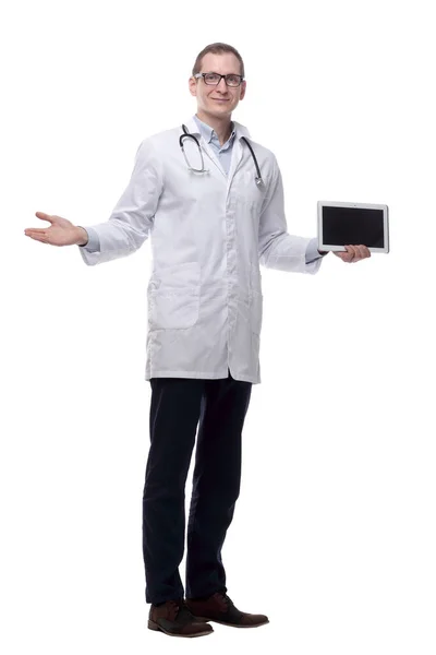 Γιατρός Θεραπευτής Δείχνει Στην Οθόνη Ένα Ψηφιακό Δισκίο — Φωτογραφία Αρχείου