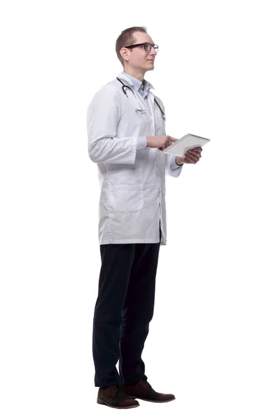Médico Éxito Con Una Tableta Digital Aislado Blanco — Foto de Stock